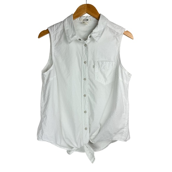 Levi’s Womens Pearl Snap Button Down Top Large Western White Swiss Dot Cotton - Picture 1 of 16